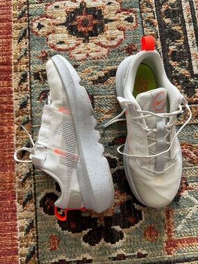 Nike White and Gray Low-Top Sneakers with Neon Coral Accents